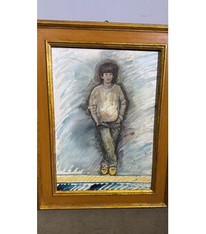 Acrilico e pastelli dipinto arte contemporanea, XXI sec., Ragazzino, mis. 69x48 cm.