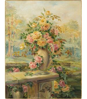 Pittore francese (datato 1919) - Natura morta con vaso di rose.