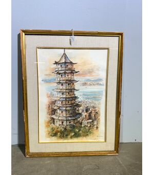 Acquarello primi '900 Pagoda, firmato, mis 59x46 cm