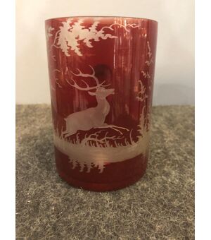 Bohemian crystal mug from the Biedermeier period with engraved hunting scene with deer.     