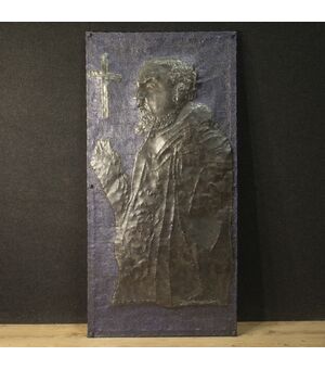 Signed high-relief sculpture in painted metal depicting Padre Pio