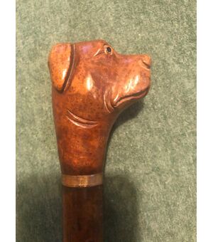 Stick with wooden knob depicting a dog&#39;s head. Barrel in rattan.     