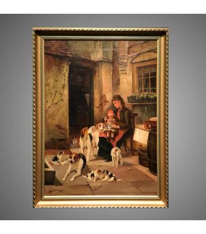 Ancient 19th century painting signed dated interior scene     