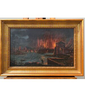 Oil painting on canvas depicting a city set on fire with characters.     