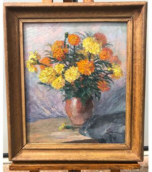 Oil painting on canvas depicting still life with vase of flowers. Signed. France.     