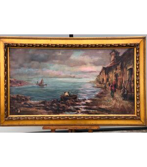 Dipinto olio su tela raffigurante paesaggio marinaro.Firmato.