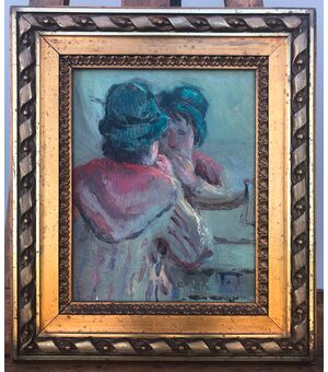 Dipinto olio su tavola,titolo: il trucco.Firma:Bianchi 1963.