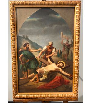 Dipinto olio su tela raffigurante scena della Via Crucis.