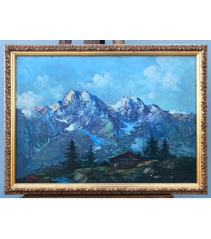 Dipinto olio su tavola raffigurante paesaggio montano.Firmato