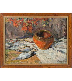Lev Pavlovich Khodchenko (Shimanovka, 1912 - 1998) - Natura morta di pesci e vaso.