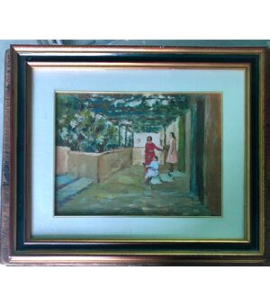 Dipinto olio su tavola con figure e veranda.Firma: Arturo Tosi.