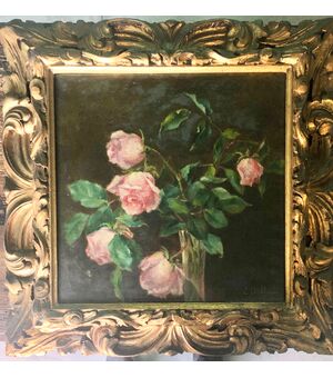 Dipinto olio su tela raffigurante vaso con fiori.Forma C.Bollani”
