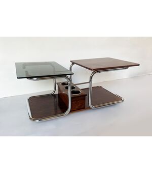 Tavolino Vintage - vetro fumé, acciaio e legno