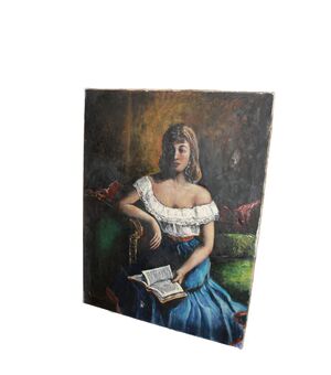 Olio su tela francese di Auguste Durand-Rosé – Ritratto di dama con libro (Prima metà del '900)