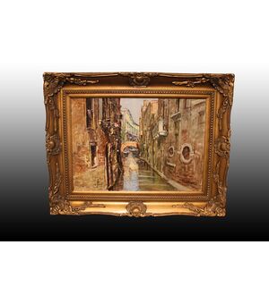 Olio su tela italiano XX secolo Raffigurante Veduta di Venezia Firmato