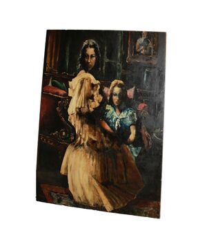 Olio su tela francese di Auguste Durand-Rosé – Ritratto di famiglia con dama e fanciulla (Prima metà del '900)