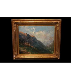 Olio su tavola Italiano del XX secolo raffigurante Paesaggio di montagna "Franco Ricciardi" firmato