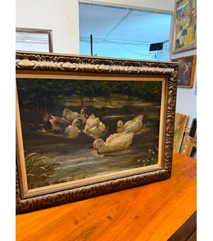 Antico Dipinto olio su tavola Papere nello Stagno 1940, mis 59x46