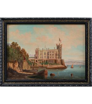Pittore italiano (inizi XX sec.) - Trieste, veduta del Castello di Miramare con la bandiera italiana.