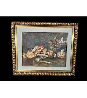 Olio su tela Italiano Natura Morta Raccolta di Funghi Porcini Antonio De Cecco 1898 - ?