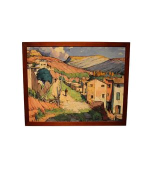 Olio su tela spagnolo di metà XX secolo raffigurante veduta cittadina Catalana Firmato Tomas Perez Martinez 1911 – 1992
