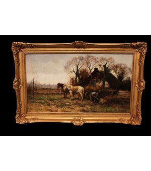 Olio su tela raffigurante scena campestre firmato Cor Bouter 1888-1966 (C.Verschuur)