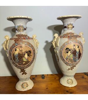 Antichi Vasi ceramica Giapponese Satsuma primi 900 Dipinti  . H  78 La 44 