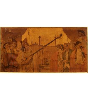 Giuseppe Cherubini (Ancona 1867 – Venezia 1960) -  Dipinto su tela con scene del carnevale di Venezia