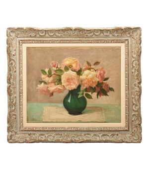 Quadri Antichi, Natura Morta, Vaso Di Fiori Di Rose, Epoca Novecento, Art Deco. (QF640)