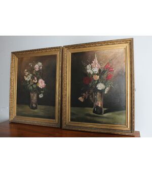 Antica coppia dipinti Vaso con fiori olio su tela . fine 800 . firmati Bélaval Cornici coeve dorate. Mis 78 x 62 