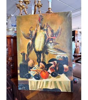 Olio su tela raffigurante natura morta e cacciagione XX sec., 70x51 cm, firmato
