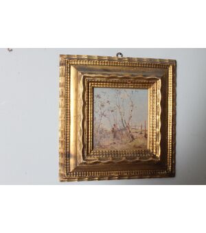 Antico dipinto di fine 800 di scuola Impressionista . Paesaggio firmato . Cornice dorata. Mis 42 x 42 