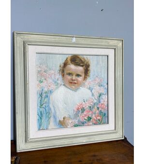 Antico dipinto di gusto Liberty, bambina con fiori, firmato, 75x73 cm