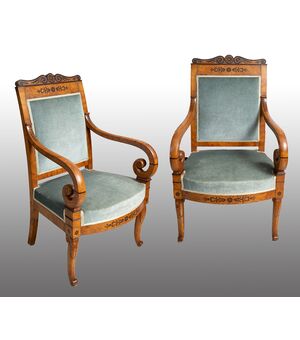 Coppia di poltrone antiche Carlo X in radica di olmo e amaranto. Francia XIX secolo.