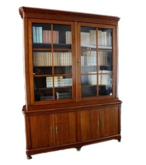 Libreria stile impero del 1800 francese doppio corpo in legno tinto noce