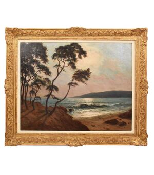 DIPINTI ANTICHI, ART DECO, QUADRI MARE, MARINA AL TRAMONTO, OLIO SU TELA, PITTORI DEL 900. (QM650)