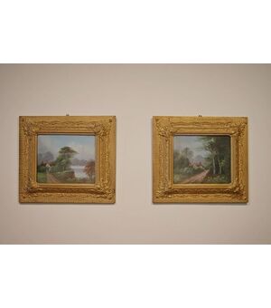 Coppia di oli inglesi dei primi anni del 1900 su tela su cartoncino 