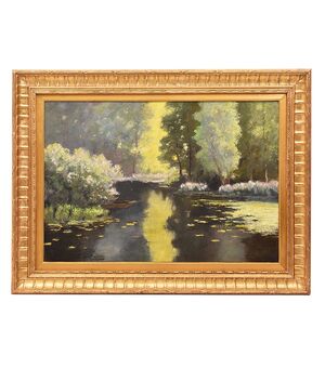 QUADRI ANTICHI, PAESAGGIO CON FIUME, NINFEE E FIORI DI LOTO, OLIO SU TELA, PRIMI DEL NOVECENTO. (QP642)