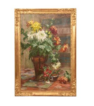 QUADRI ANTICHI, ART DECO, NATURA MORTA CON FIORI DI CRISANTEMI, OLIO SU TELA, XX SECOLO. (QF653)