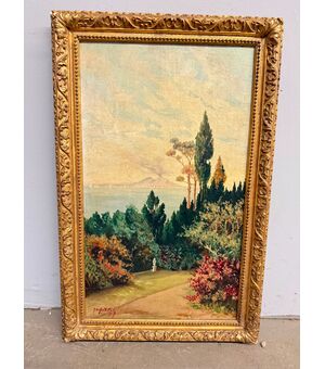 Antico dipinto olio su tavoletta Napoli, Vesuvio 1947, Gallotti, mis 58x37 cm
