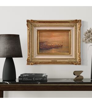 Dipinto marina firmata Remo Testa, pescatori al tramonto