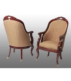 Coppia di bellissime poltrone francesi del 1800 restaurate e ripezzate Moirè Rubelli