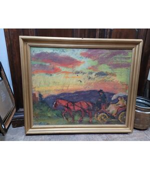 Dipinto Olio su tela " La passeggiata " Arturo Checchi 1937