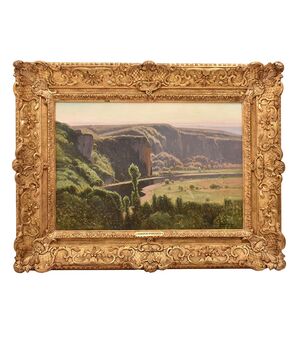 DIPINTI ANTICHI PAESAGGI E FIUME, VALLE DI CORREZE, DIDIER POUGET, OLIO SU TELA, INIZIO XX. (QP657)   