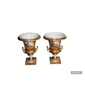 Coppia di Vasi a Cratere in Porcellana Vecchia Parigi con Paesaggi 1800