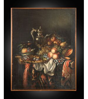 Dipinto antico olio su tela di provenienza Fiamminga raffigurante natura morta con frutta. Periodo XVIII secolo.