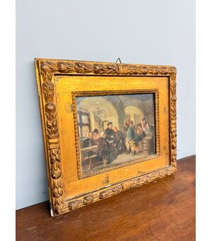 Antico dipinto ad olio su carta XIX Romberg in cornice antica, 43x34 cm, raffigurante osteria