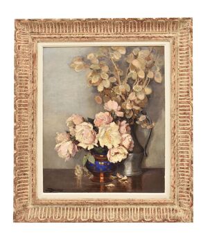 QUADRI ANTICHI, ART DECO, NATURA MORTA CON FIORI DI ROSE BIANCHE, OLIO SU TELA, XX SECOLO. (QF664)