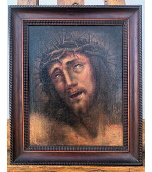 Dipinto olio su tela raffigurante volto di Cristo con corona di spine.