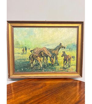 Antico dipinto olio su tela - Cavalli al pascolo - 1900, 82x62cm